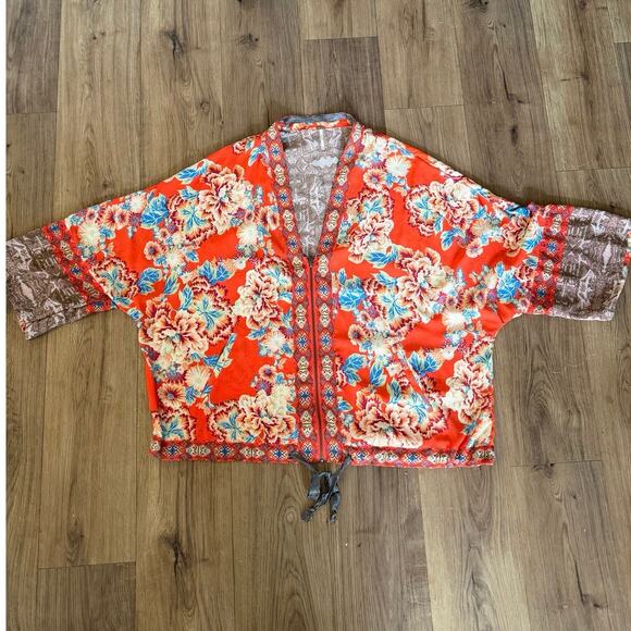 Free People Wildflower Cinched Zip Kimono Jacket Orange Blue Cream Floral M L - Picture 7 of 10